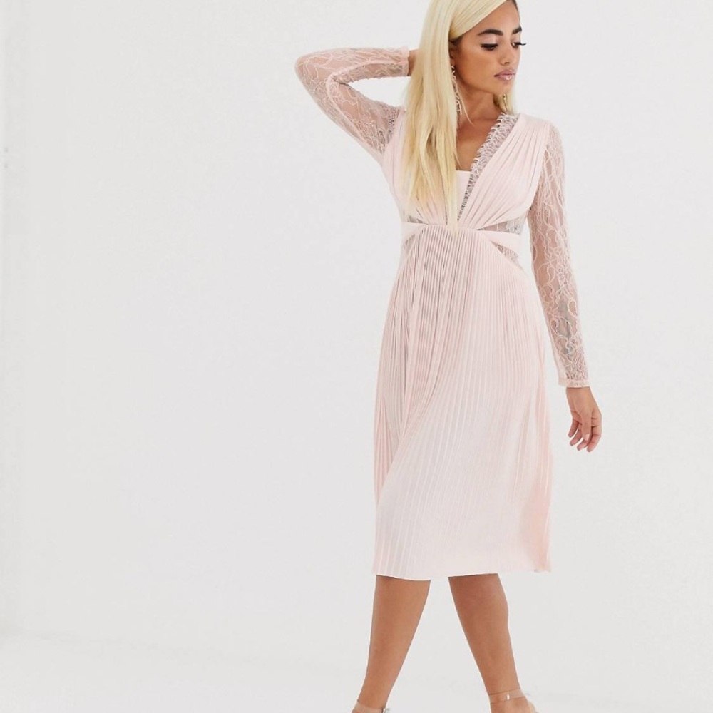 ASOS DESIGN Lace and pleat long sleeve midi dress